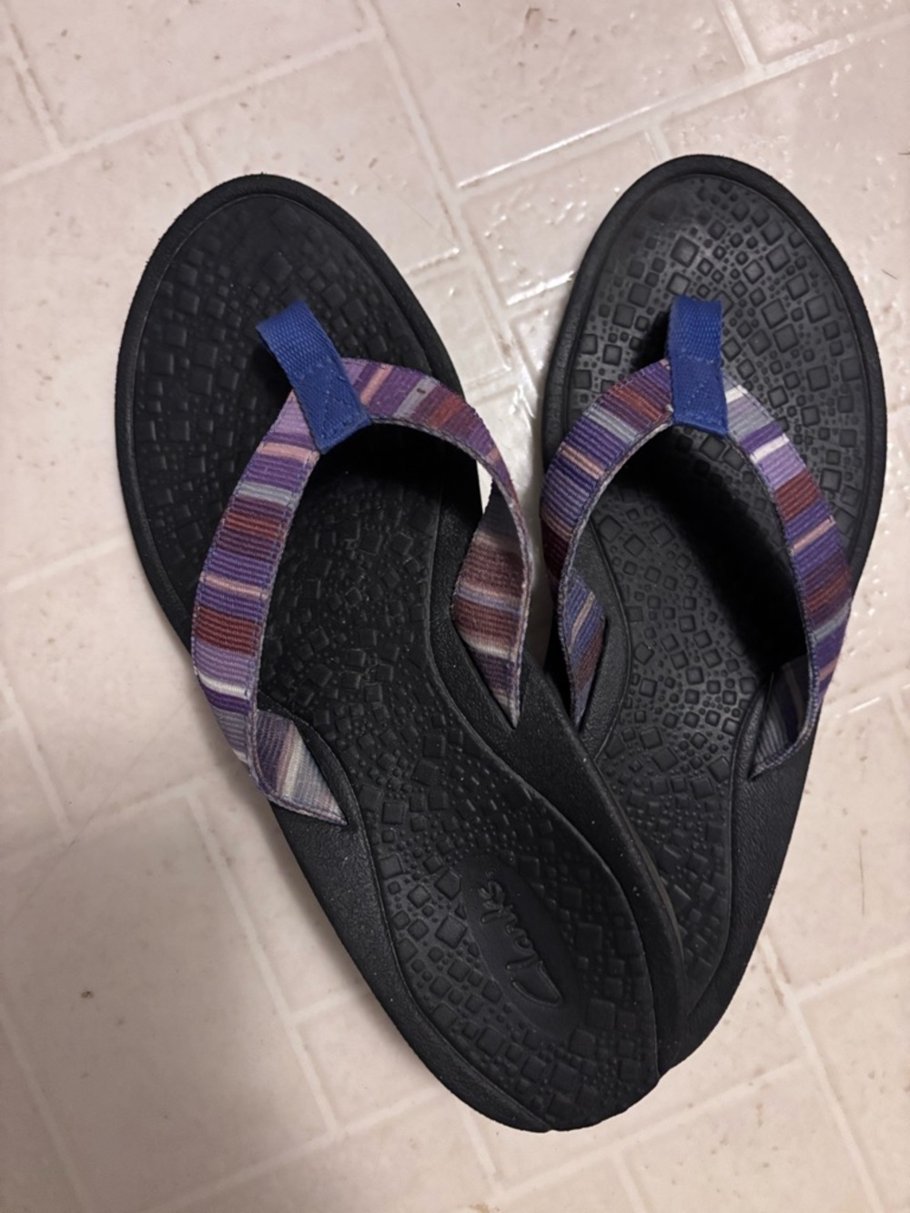 Clarks Women's Black Flip Flop Sandals with Purple and Blue Striped Straps